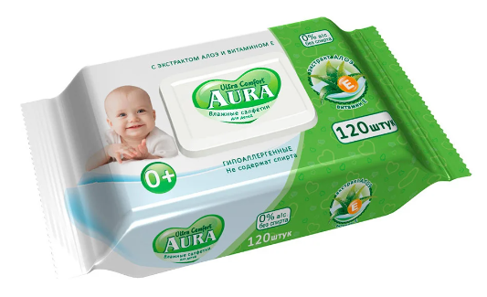 AURA Ultra Comfort 0+ Влажные салфетки для детей с витамином Е и алоэ, 15 шт