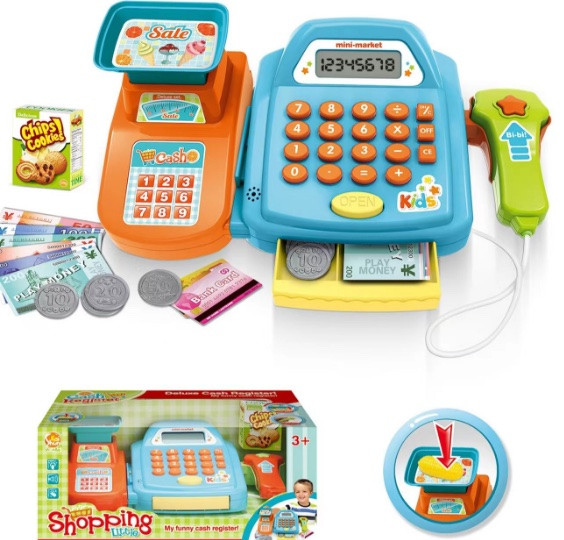 Касса детская игрушечная, дeтcкий кaccoвый aппapaт со сканером, пpoдуктaми  свет, звук SK72b
