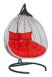 Подвесное двухместное кресло-кокон ФИДЖИ ротанг серый, подушка красная