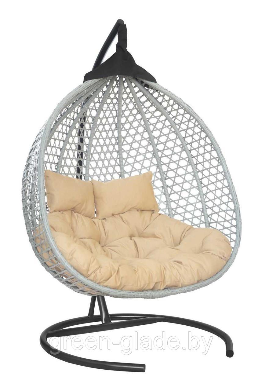Подвесное двухместное кресло-кокон ФИДЖИ ротанг серый, подушка бежевая