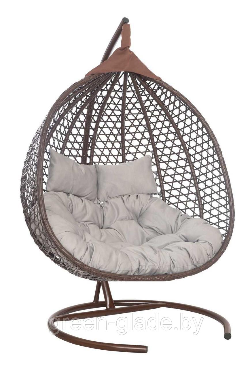 Подвесное двухместное кресло-кокон ФИДЖИ ротанг коричневый, подушка светло серая