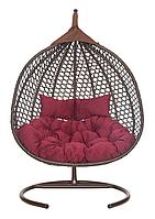 Подвесное двухместное кресло-кокон ФИДЖИ ротанг коричневый, подушка бордовая