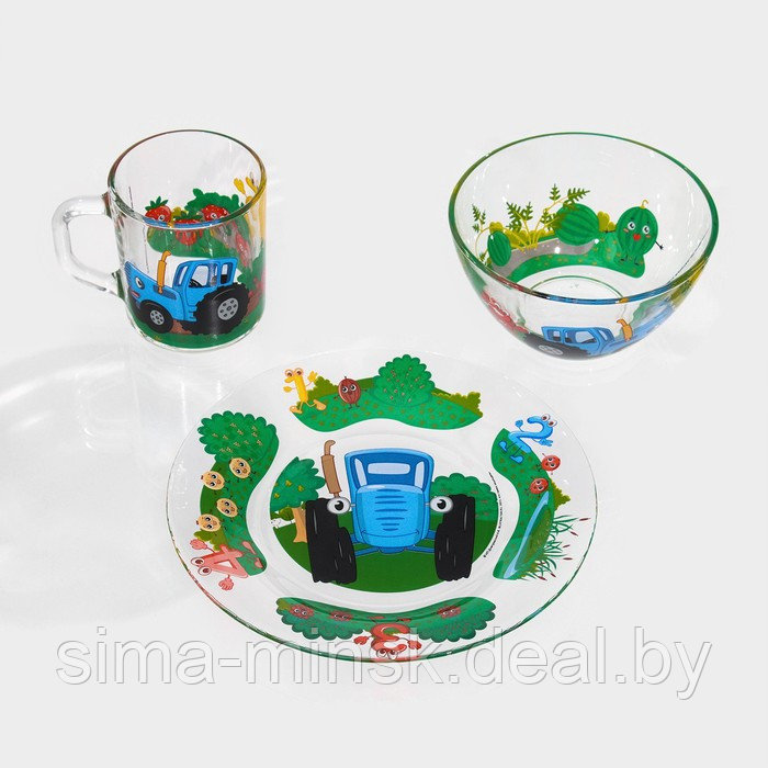Набор стеклянной посуды «Синий трактор. Цифры», 3 предмета: кружка 250 мл, тарелка 19.5 см, салатник 13 см - фото 3 - id-p219886528