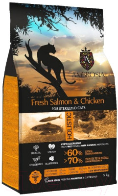 Сухой корм для кошек Ambrosia Grain Free для стерилизованных кошек, лосось, курица / U/ACSS5 - фото 1 - id-p219899685