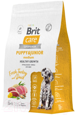 Сухой корм для собак Brit Care Dog Puppy&Junior M Healthy Growth с инд. и уткой / 5066292 - фото 1 - id-p220017418