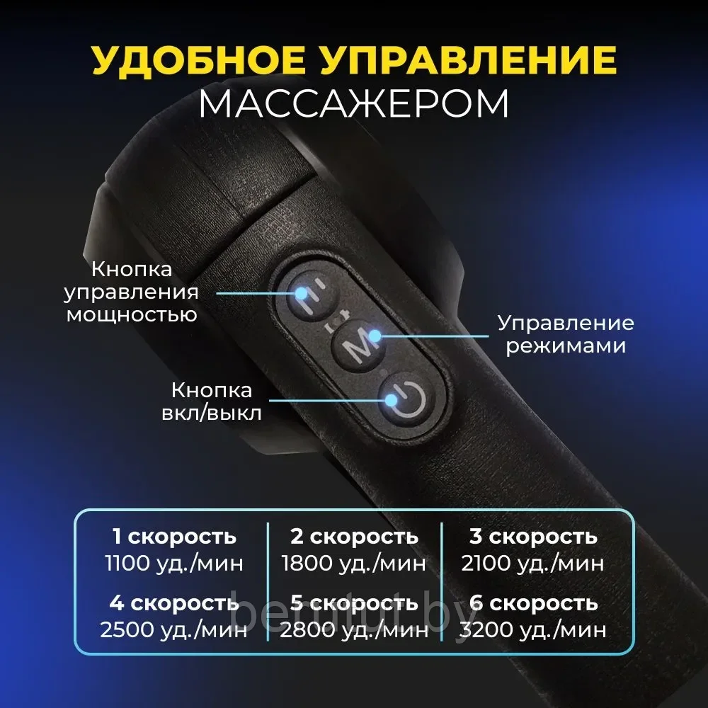 Массажер перкуссионный электрический для тела MASSAGE GUN 12 насадок - фото 3 - id-p220021544