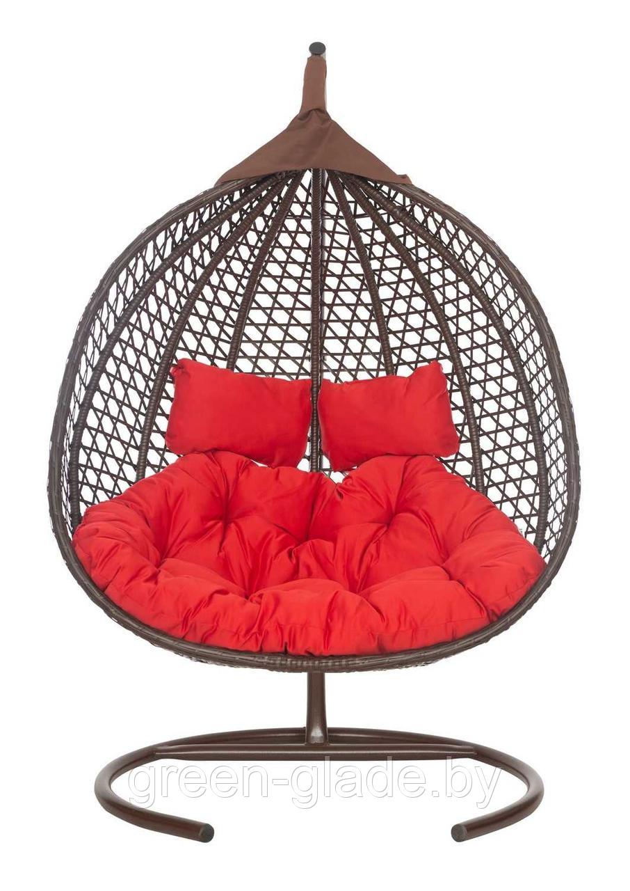 Подвесное двухместное кресло-кокон ФИДЖИ ротанг коричневый, подушка красная - фото 2 - id-p66459175