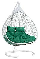 Подвесное двухместное кресло-кокон FISHT белый ротанг, подушка зеленая