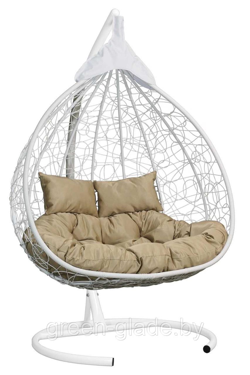 Подвесное двухместное кресло-кокон FISHT белый ротанг, подушка бежевая