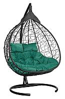 Подвесное двухместное кресло-кокон FISHT черный ротанг, подушка Зеленая