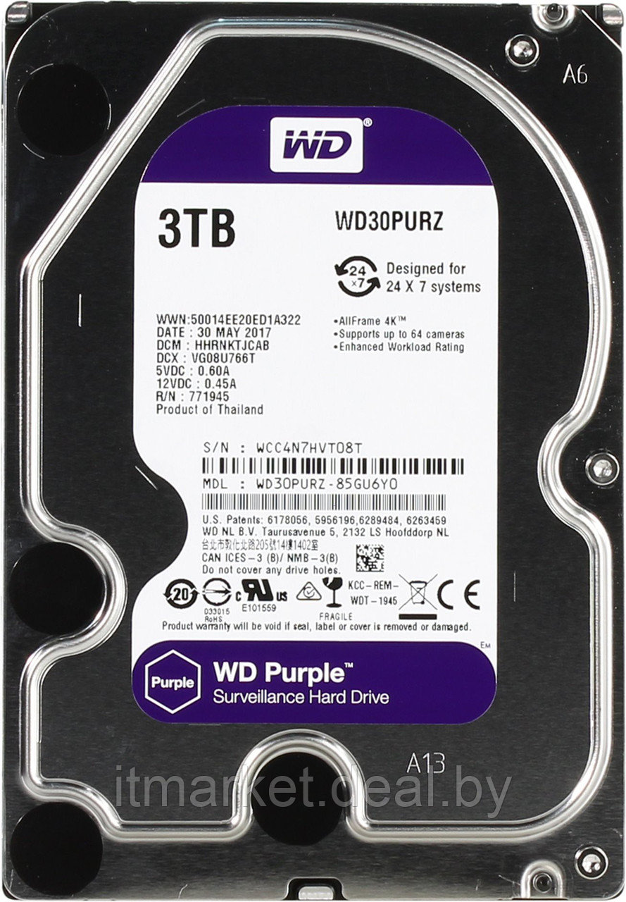 Жесткий диск 3Tb Western Digital WD30PURZ Purple (SATA 6Gb/s, 5400rpm, 64Мb) - фото 1 - id-p220039235