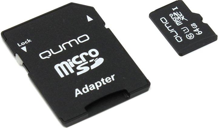 Карта памяти Qumo QM64GMICSDXC10U1 microSDXC 64Gb UHS-I U1 + microSD--SD Adapter - фото 1 - id-p204487647