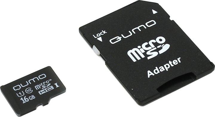 Карта памяти Qumo QM16GMICSDHC10U1 microSDHC 16Gb UHS-I + microSD--SD Adapter - фото 1 - id-p204487651