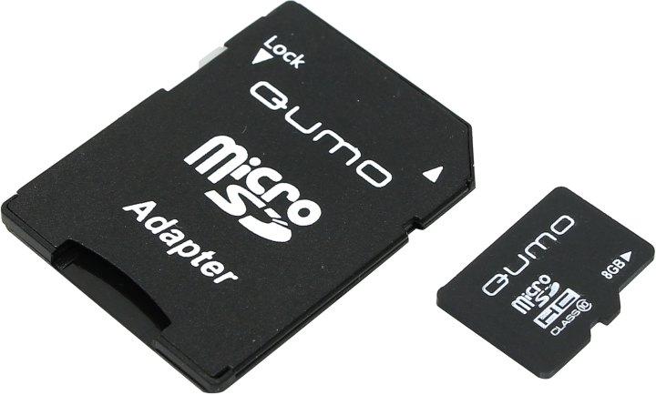Карта памяти Qumo QM8GMICSDHC10 microSDHC 8Gb Class10 + microSD-- SD Adapter - фото 1 - id-p204487654