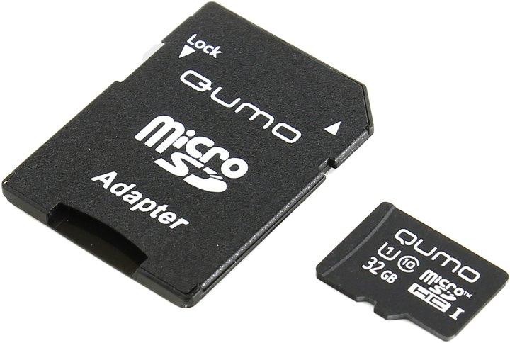 Карта памяти Qumo QM32GMICSDHC10U1 microSDHC 32Gb UHS-I U1 + microSD-- SD Adapter - фото 1 - id-p204487657