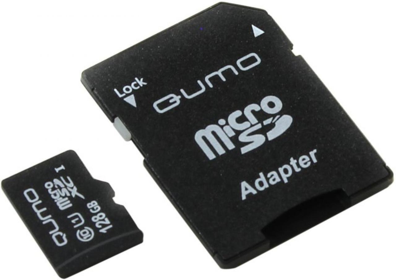 Карта памяти Qumo QM128GMICSDXC10U1 microSDXC 128Gb Class10 UHS-I U1 + microSD-- SD Adapter - фото 1 - id-p204487658