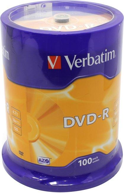 Verbatim Диски DVD-R 4.7Gb 16-х, 100 шт, Cake Box (43549) - фото 1 - id-p212706967