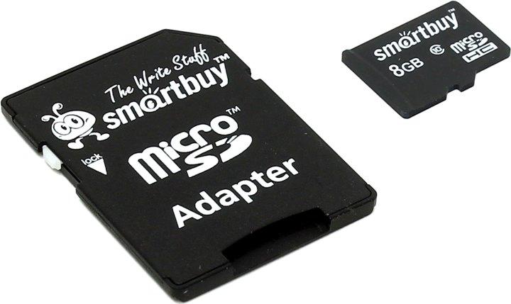 Карта памяти SmartBuy SB8GBSDCL10-01 microSDHC 8Gb Class10 + microSD-- SD Adapter - фото 1 - id-p207847771