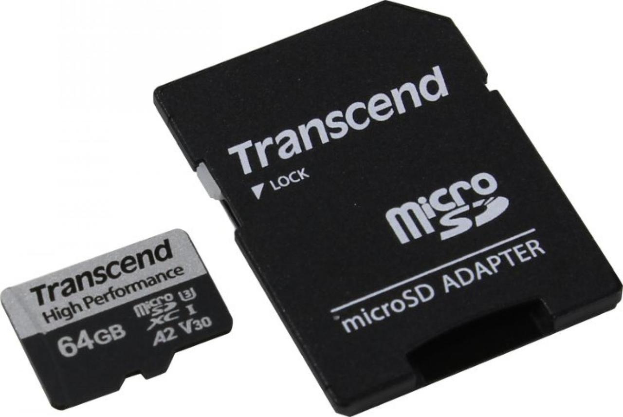 Карта памяти Transcend TS64GUSD330S microSDXC 64Gb UHS-I U3 V30 + microSD--SD Adapter - фото 1 - id-p212708877