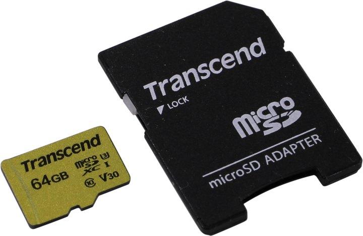 Карта памяти Transcend TS64GUSD500S 64GB microSDXC Class 10 UHS-I U3 V30 R95, W60MB/s with adapter - фото 1 - id-p212710924