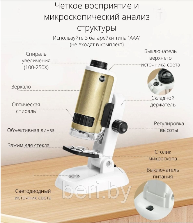 SD662 Микроскоп детский образовательный, научный, ZOOM EASY, увеличение 100x и 250x, аксессуары - фото 8 - id-p220055359