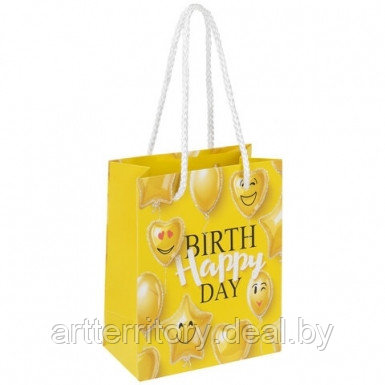 Пакет подарочный Happy Birthday, глиттер, 11,4х6,4х14,6 см, (желтый), "Золотая сказка"