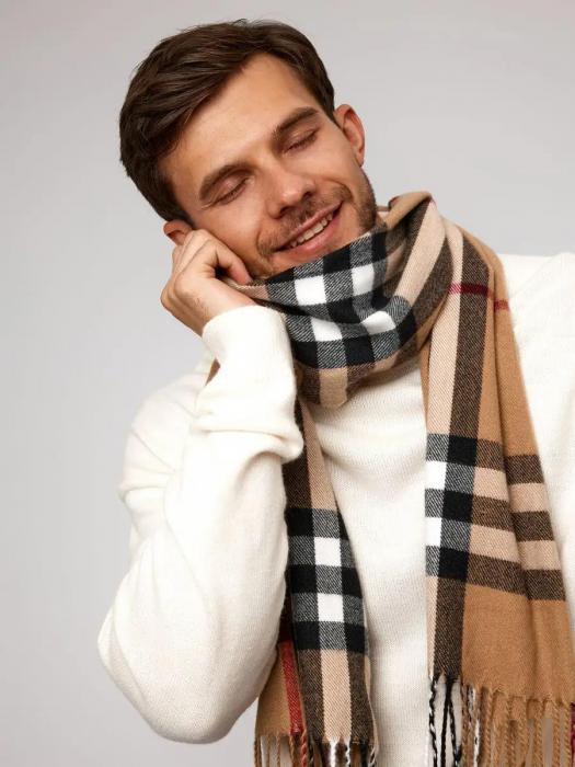 Зимний мужской шарф теплый кашемир длинный в клетку под пальто большой шарфик хомут клетчатый бежевый - фото 3 - id-p220113324