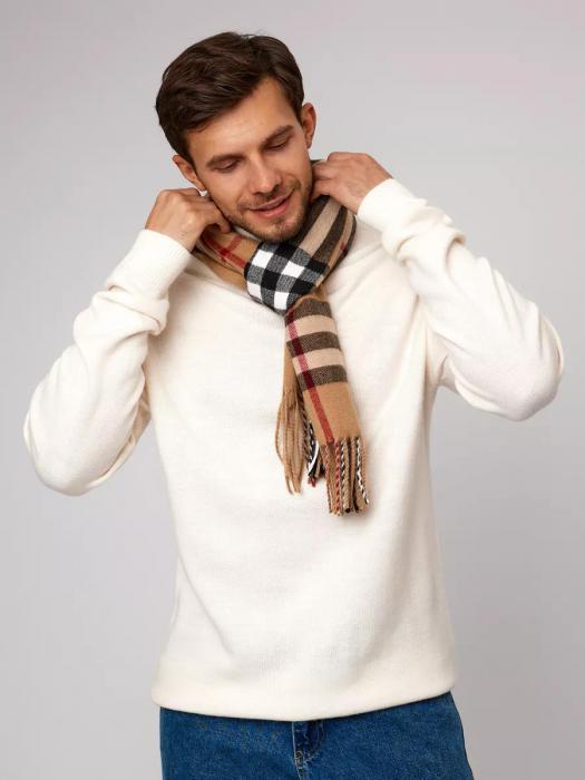 Зимний мужской шарф теплый кашемир длинный в клетку под пальто большой шарфик хомут клетчатый бежевый - фото 4 - id-p220113324