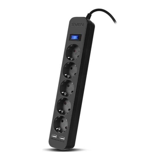 Фильтр SVEN SF-05LU 1,8 м (5 евро розеток,2 USB) белый, цветная коробка - фото 1 - id-p203909566