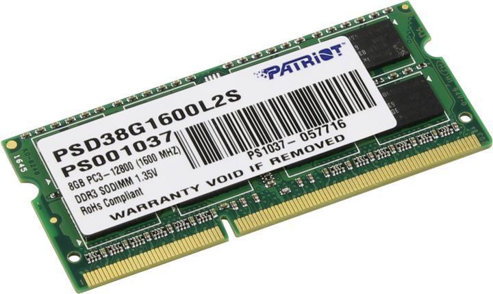 Модуль памяти Patriot PSD38G1600L2S DDR3 SODIMM 8Gb PC3-12800 CL11 (for NoteBook) - фото 1 - id-p203918844
