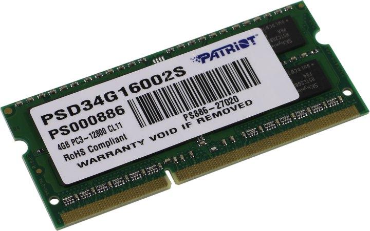 Оперативная память Patriot PSD34G16002S DDR3 SODIMM 4Gb PC3-12800 CL11 (for NoteBook) - фото 1 - id-p203918915