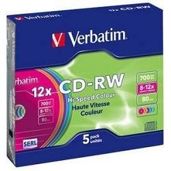 Диск CD-RW Verbatim 700Mb 12x Slim case (5шт) Color (43167) - фото 1 - id-p212705133