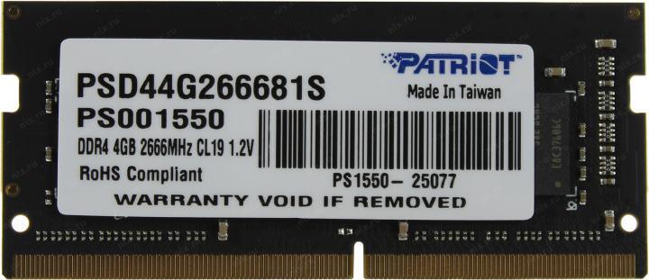 Оперативная память SO-DIMM DDR4 4Gb PC-21300 2666MHz Patriot Signature Line (PSD44G266681S) 19-19-19-39, 1.2