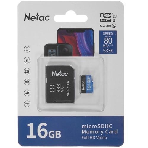 Карта памяти Netac NT02P500STN-016G-R microSDHC Memory Card 16Gb UHS-I U1 Class 10 + microSD--SD Adapter - фото 1 - id-p212701951