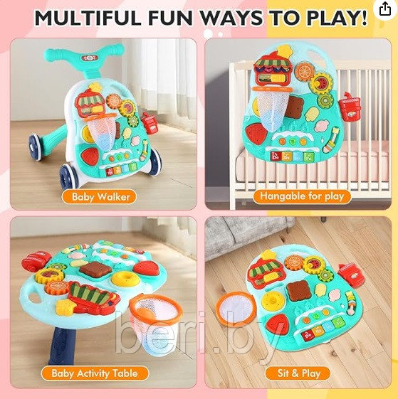 B10099 Каталка-ходунки Multi Fun 2 в 1, развивающий столик, ходилка с ручкой Бирюзовый - фото 2 - id-p220128520