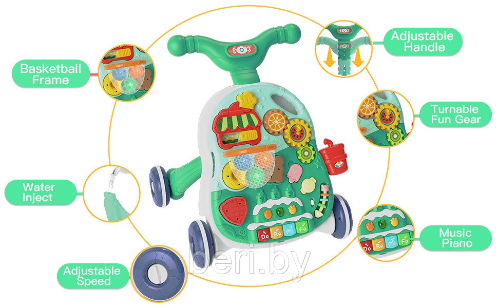 B10099 Каталка-ходунки Multi Fun 2 в 1, развивающий столик, ходилка с ручкой Бирюзовый - фото 4 - id-p220128520