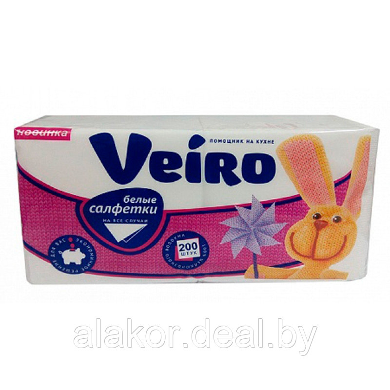 Салфетки бумажные Veiro, 200 шт/упак, 100% целлюлоза, цвет белый, 24*24, 1 слой
