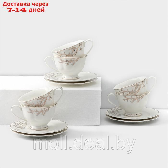 Сервиз фарфоровый чайный Leaves, 12 предметов: 6 кружек 220 мл, 6 блюдец d=15 см, цвет белый - фото 1 - id-p220109701
