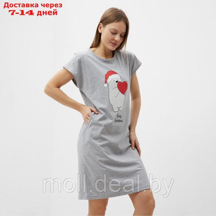 Платье домашнее женское с карманами "Мишка с сердцем", цвет серый меланж, размер 46 - фото 1 - id-p220111747