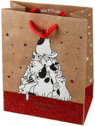Пакет подарочный крафт Meshu 18*23*10 см, New Year Of Cats, выборочный УФ-лак, глиттер - фото 1 - id-p219440994