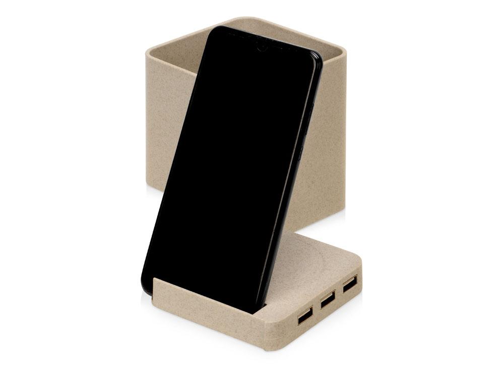 Настольный органайзер Cubic из пшеничного волокна с функцией беспроводной зарядки и выходами USB - фото 4 - id-p220145075