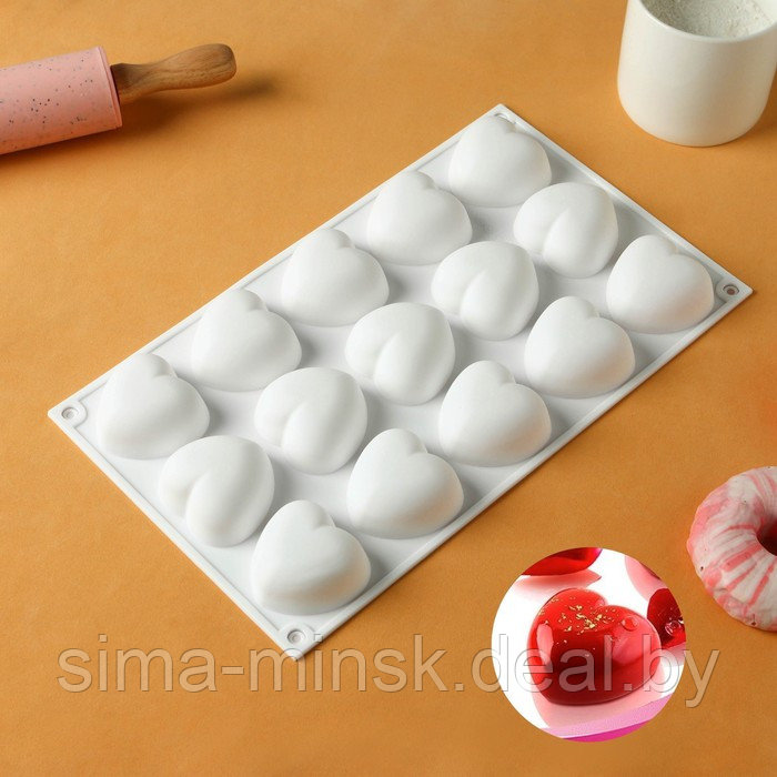 Форма силиконовая для муссовых десертов и выпечки KONFINETTA «Сердца», 29,8×17,3×2,5 см, 15 ячеек, ячейка - фото 1 - id-p220153078