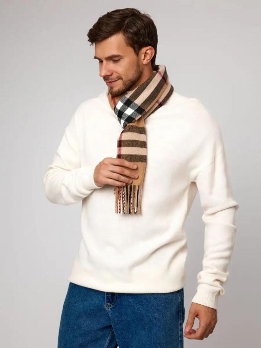 Зимний мужской шарф теплый кашемир длинный в клетку под пальто большой шарфик хомут клетчатый бежевый - фото 6 - id-p220114900