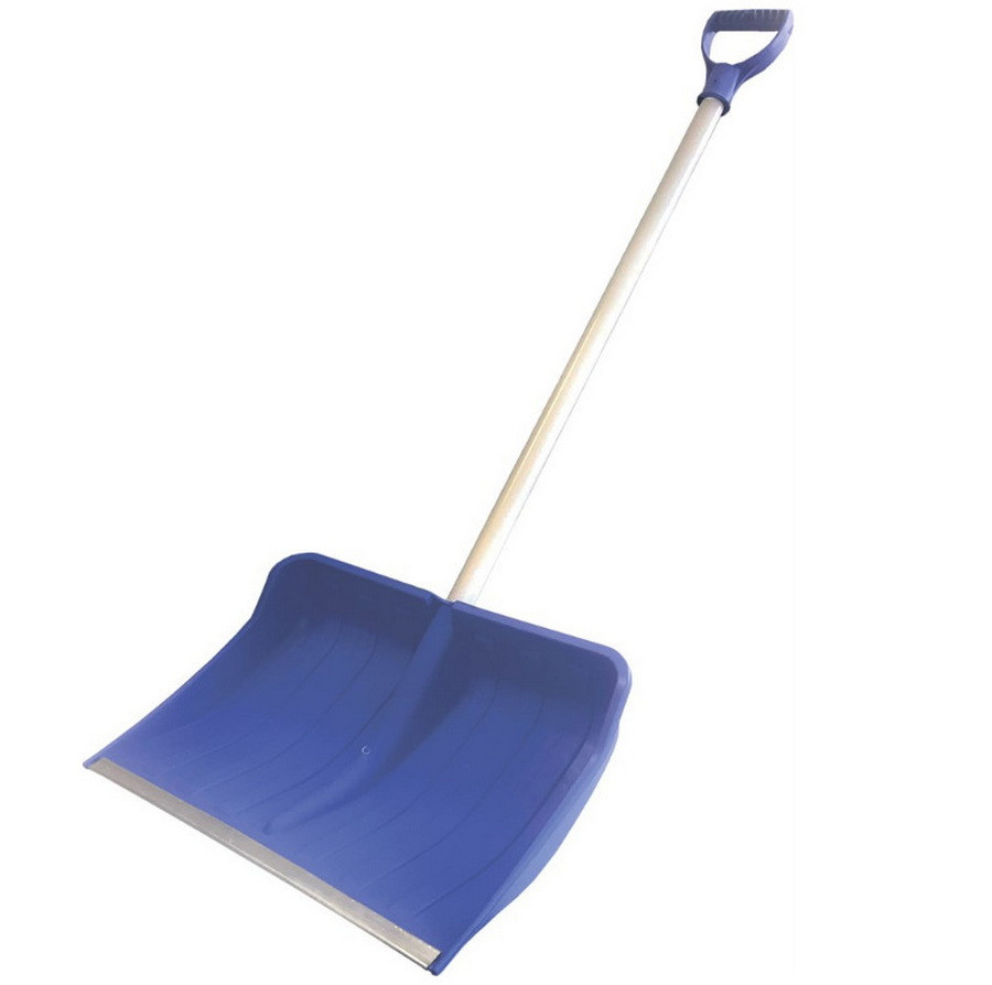 Лопата  снеговая, пластм., с планкой, алюм. черенок, с V-образной рук., синяя, 530х360мм - 69-0-432