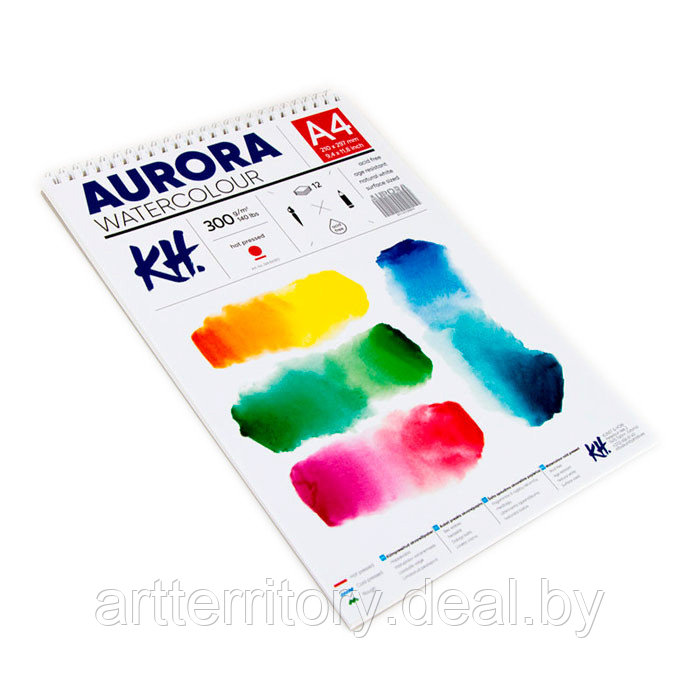 Блок для акварели Aurora, горячее прессование, A4, 12 листов, 300 г/м2, целлюлоза 100%, (на спирали) - фото 1 - id-p220132237