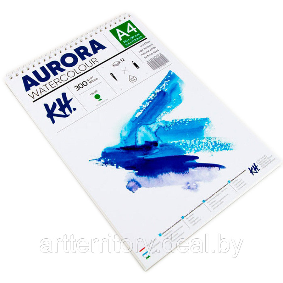 Блок для акварели Aurora, крупное зерно, A4, 12 листов, 300 г/м2, целлюлоза 100%, (на спирали) - фото 1 - id-p220132239