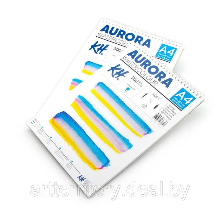Блок для акварели Aurora, холодное прессование, A4, 12 листов, 300 г/м2, целлюлоза 100%, (на спирали) - фото 1 - id-p220132241