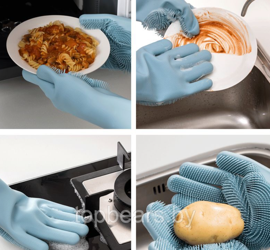 Перчатки хозяйственные резиновые с щетинками / Силиконовые перчатки для мытья посуды - фото 4 - id-p220173306