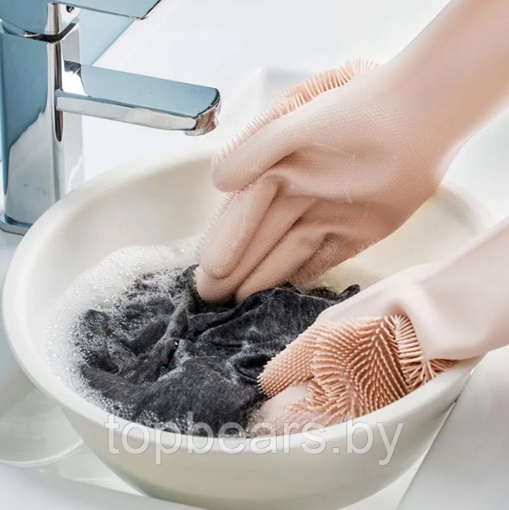 Перчатки хозяйственные резиновые с щетинками / Силиконовые перчатки для мытья посуды - фото 9 - id-p220173306
