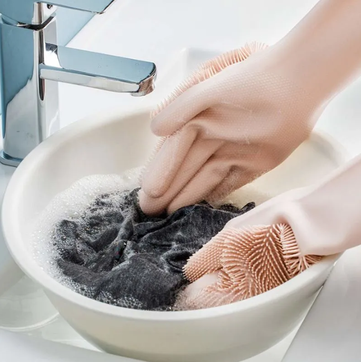 Перчатки хозяйственные резиновые с щетинками / Силиконовые перчатки для мытья посуды - фото 9 - id-p220173879